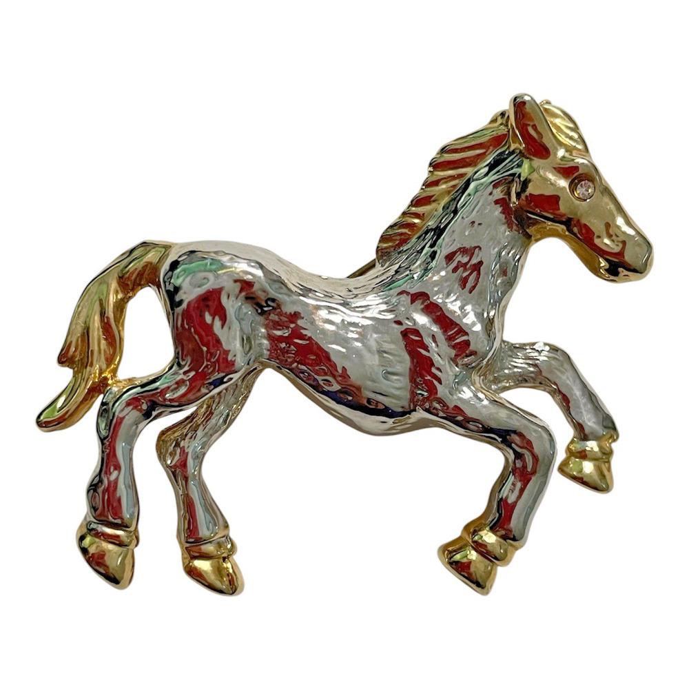 Vintage Equestrian Galloping Horse Brooch Pin Silver And Gold Tone Unmarked